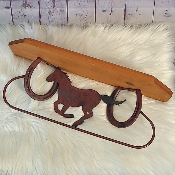 Vintage Other - Western Horse Float Shelf Towel Bar Wood Metal Horseshoe Cowboy Wall Art Rustic